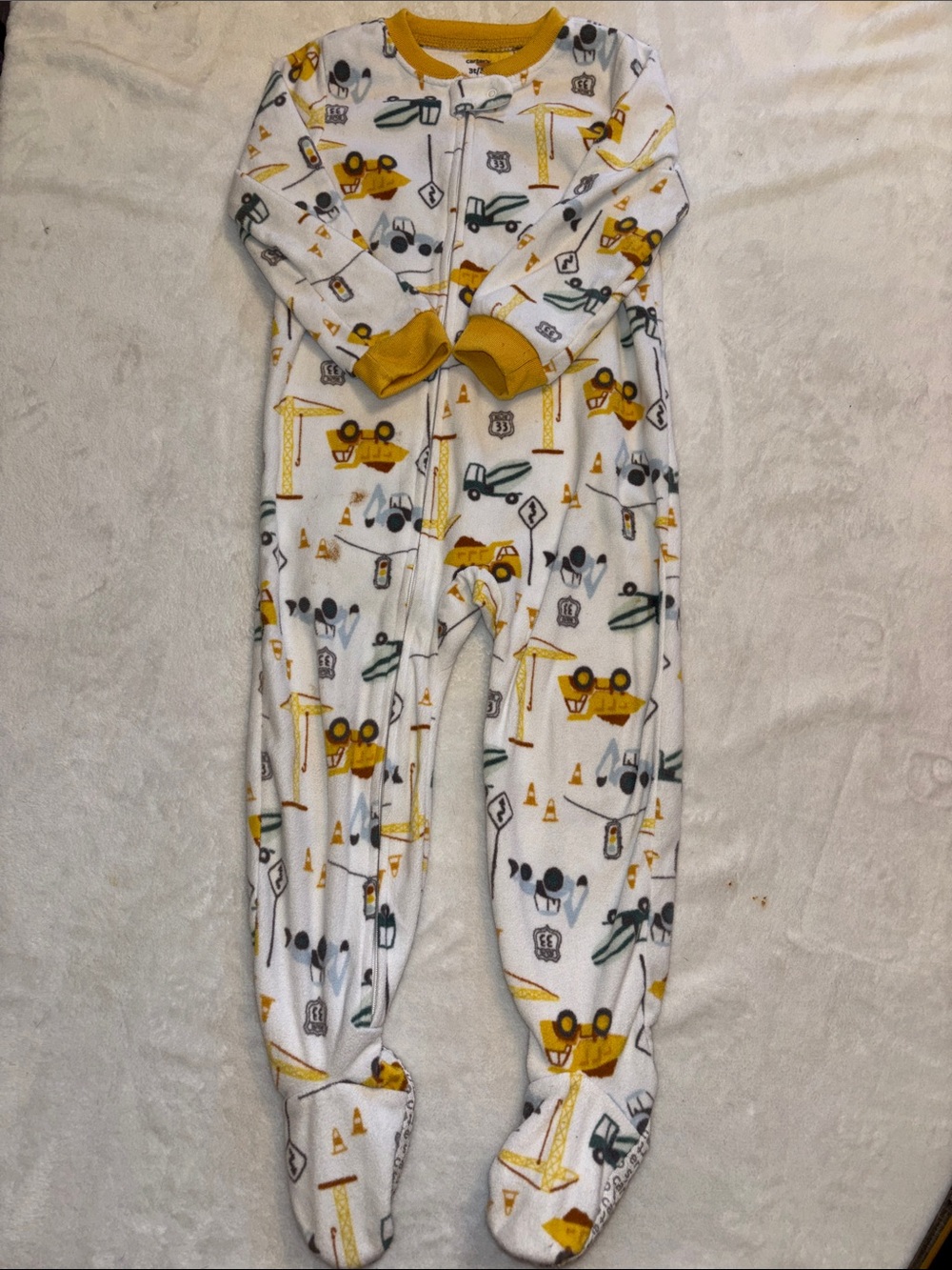 Kids 3T Construction-Print White & Yellow Fleece One-Piece Pajamas
